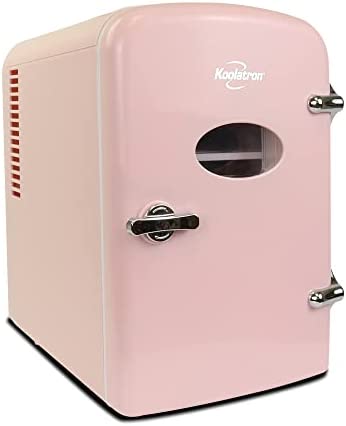 Koolatron Retro Mini Fridge 4L 6 Can Portable Cooler Compact Refrigerator for Kids Bedroom Skincare Cosmetic Beauty Personal Fridge 12V and AC Cords, Desktop Accessory for Home Office Car, Pink
