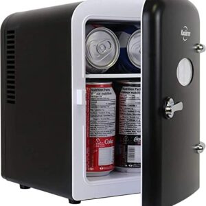 Koolatron Retro 4L 6 Can Portable Mini Fridge Compact Refrigerator for Bedroom Skincare Cosmetic Beauty Personal Cooler 12V and AC Cords, Desktop Accessory for Home Office Car Dorm Travel (Black)