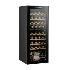 Baridi 36 Bottle Dual Zone Wine Cooler, Fridge with Digital Touch Screen Controls, Wooden Shelves & LED Light, Black - DH91