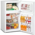 COMFEE' RCT87WH1(E) Under Counter Fridge Freezer, 87L Small Fridge Freezer with LED Light, Removable Shelves, Adjustable Thermostats and Legs, White