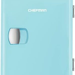 Chefman Mini Portable Blue Personal Fridge Cools Or Heats & Provides Compact Storage For Skincare, Snacks, Or 6 12oz Cans W/A Lightweight 4-Litre Capacity To Take On The Go