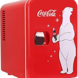 Coca-Cola 4L Mini Fridge 6 Can Portable Cooler/Warmer, Compact Personal Refrigerator for Snacks Drinks Skincare,12V and AC Cords,Accessory for Kids Bedroom Home Office Travel Car,Coke,Polar Bear,Red