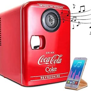 Coca Cola 4L Portable Mini Fridge Cooler/Warmer with Bluetooth Speaker, Compact Personal Refrigerator with Built-In Wireless Speaker,12V and AC Cords, Cute Desk Accessory for Home Office Dorm, Red