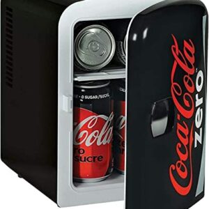 Coca Cola Coke Zero 4L 6 Can Portable Cooler/Warmer,Compact Personal Travel Mini Fridge for Snacks Lunch Drinks Cosmetic,Includes 12V and AC Cords,Desk Accessory for Home Office Dorm Car Boat (Black)