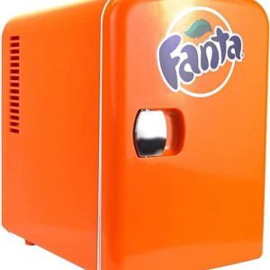 Coca-Cola Fanta 4L Mini Fridge, 6 Can Portable Cooler/Warmer, Compact Personal Travel Fridge for Snacks Lunch Drinks Cosmetics, 12V and AC Cords, Desk Accessory for Home Office Dorm Travel, Orange