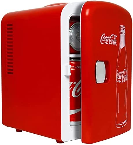 Coca Cola Mini Fridge 4 L/6 Can Portable Fridge/Mini Cooler Refrigerator for Food Beverages Drinks Skincare Snacks Home Bedroom Office Dorm Travel Car Boat, AC & DC Plugs Included, Red Coke Bottle