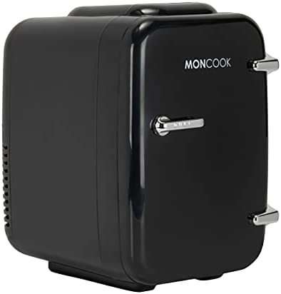 MONCOOK Mini Fridge For Bedrooms - Portable & Quiet Mini Fridges For Skin Care, Beverages - Birthday Gift For Her and Him - Thermoelectric Cooler and Warmer Retro Small Fridge - 4L - Full Black