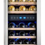 Phiestina Dual Zone Wine Cooler Refrigerator - 33 Bottle Free Standing Compressor Fridge and Chiller for Red and White Wines - 16'' Glass Door Wine Refrigerator with Digital Memory Temperature Control