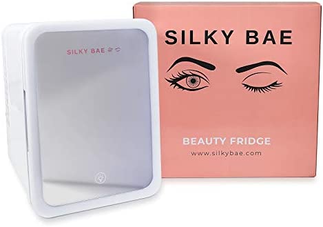 Silky Bae Beauty Fridge - Mini Skincare Refrigerator - With Removable Shelves & Touch Screen Mirror with Light - Small Bedroom Cooler & Storage for Cosmetics, Makeup & Skin Products - 4 Litre Capacity