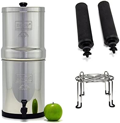 Travel Berkey Stainless Steel Water Filtration System with 2 Black Filter Elements and Stainless Steel Wire Stand