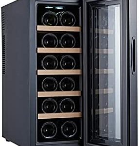 Wine Cooler with Glass Door, 12-Bottle Free-Standing Wine Refrigerator, Temperature Zone 10-18 ℃, Touch Screen, Imitation Wine Cellar Storage Environment, Reduce Noise and Vibration,A
