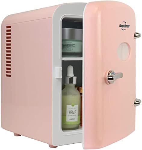 Koolatron Retro 4L 6 Can Portable Mini Fridge Compact Refrigerator for Bedroom Skincare Cosmetic Beauty Personal Cooler 12V and AC Cords, Desktop Accessory for Home Office Car Dorm Travel (Pink)