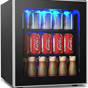 COSTWAY 46L Mini Fridge, 60 Can Quiet Frost Free Fridge with LED Light, 2 Adjustable Removable Shelves, Glass Door and Temperature Control, Table Top Wine Beverage Drink Cooler for Bedroom Hotel