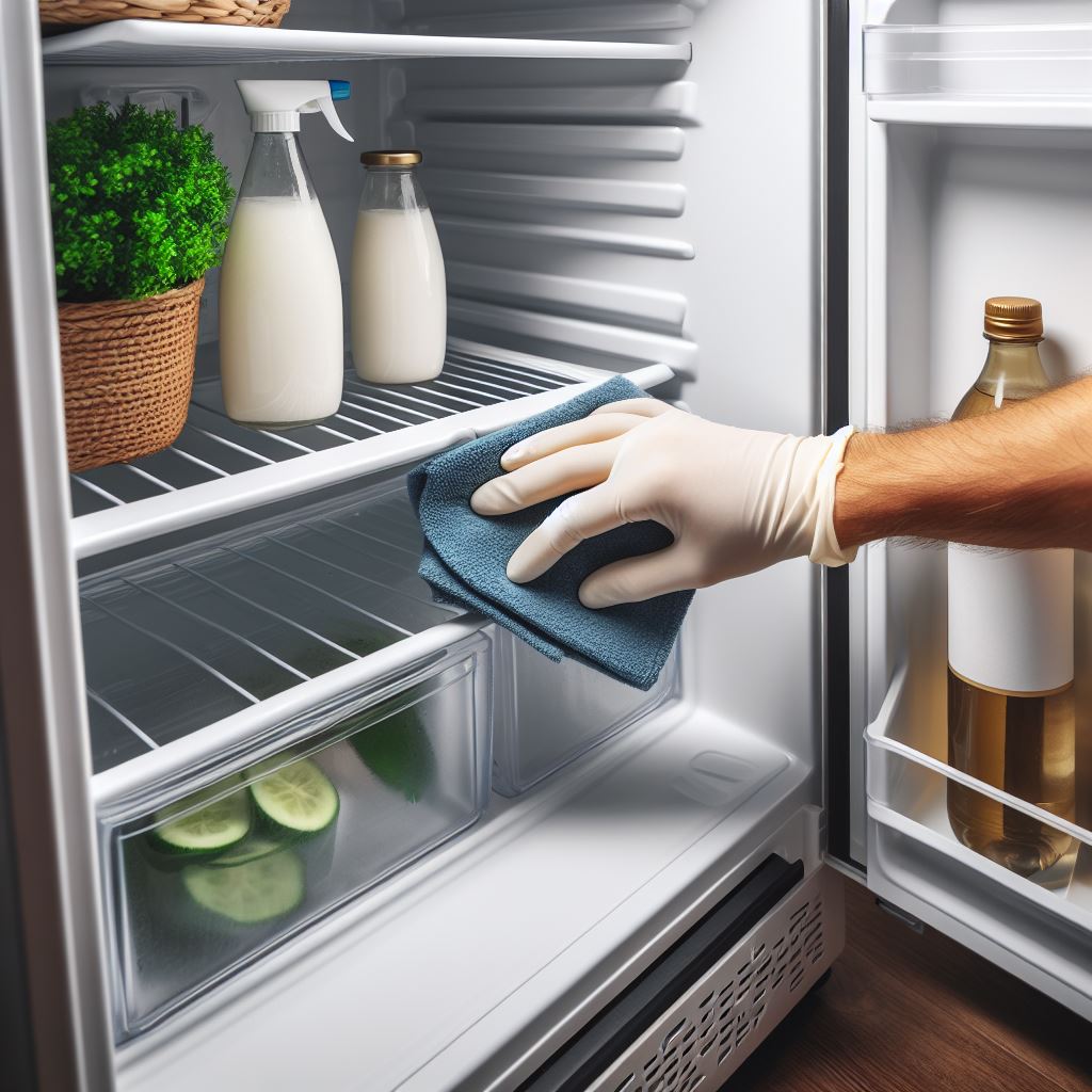 A hand wiping down the interior shelves of a mini fridge with a damp cloth.
